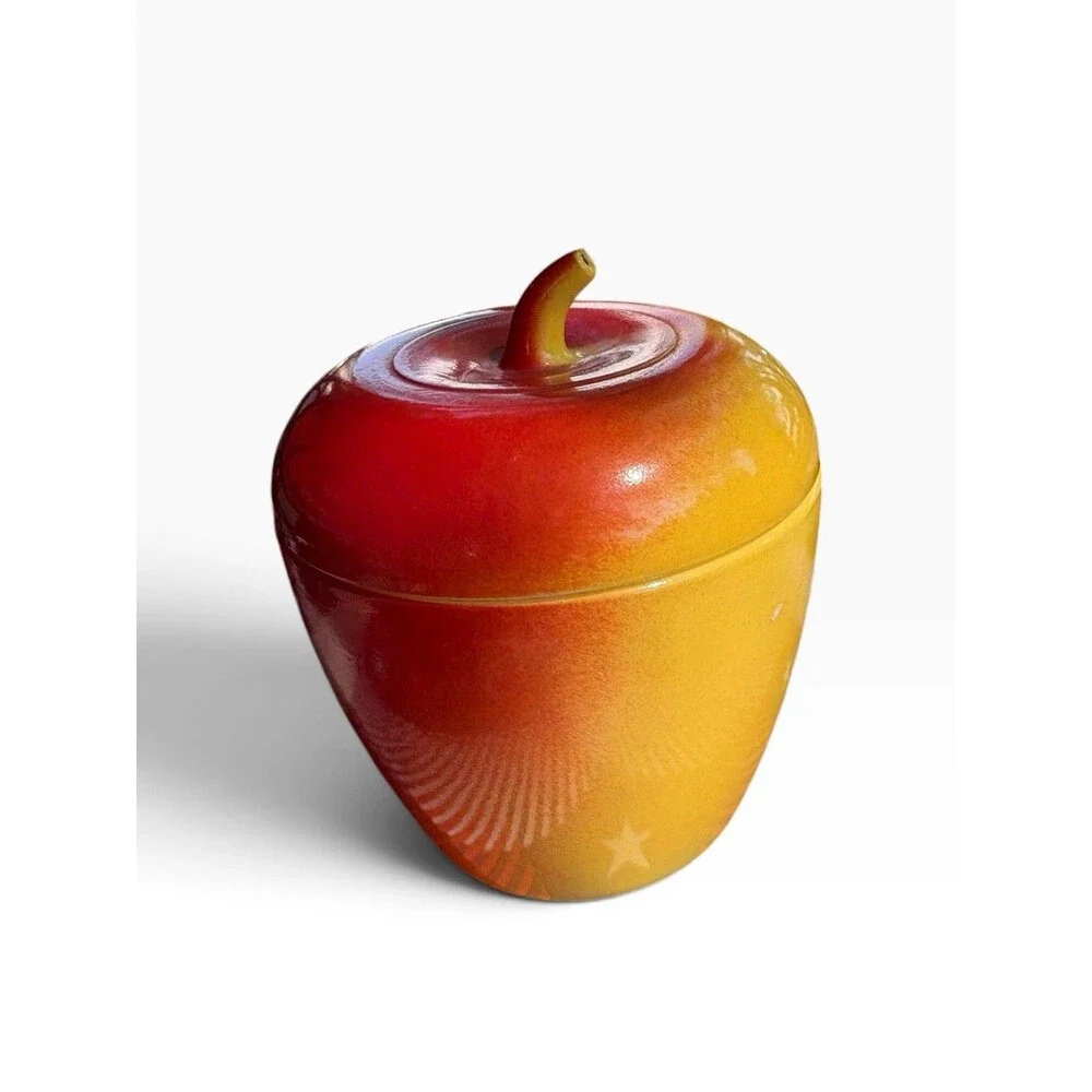 Hazel Atlas Milk Glass Red Yellow Apple Jar w/Lid, Jelly Jam Sugar Bowl VTG